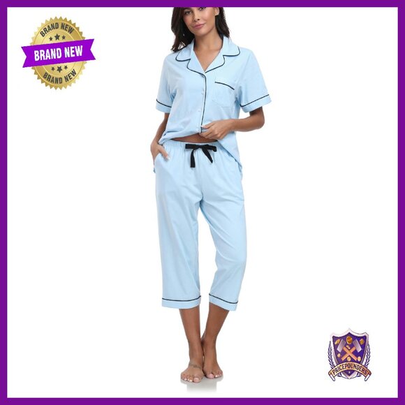 Cotton Pajama Set Women's Short Sleeve Button Down Sleepwear Capri Pants
